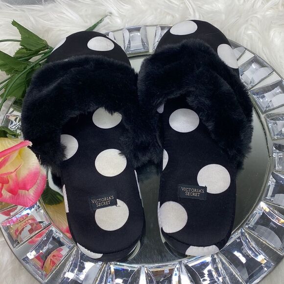 Victoria’s Secret Black Satin Slippers W Large White Polka Dot & Black F… - Picture 4 of 5